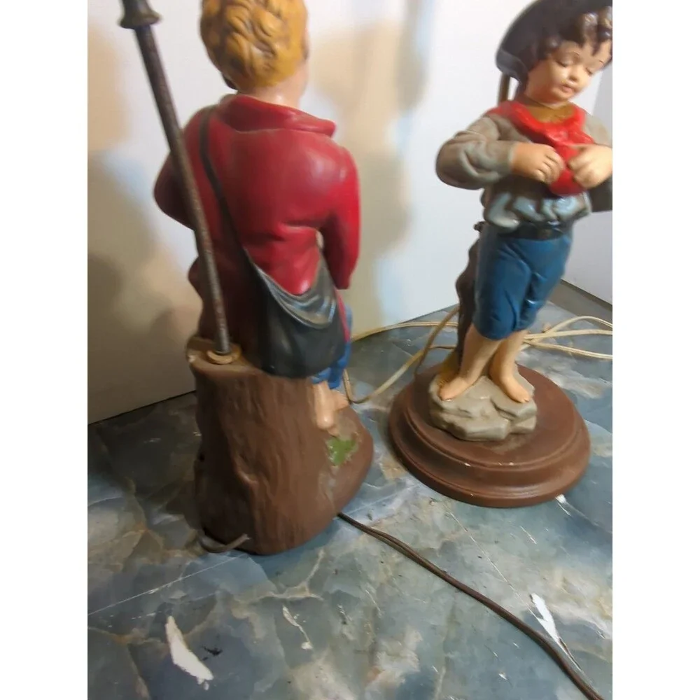 (2) Vintage Large 2' Tall Hand Painted Ceramic Table Lamp Boy With Puppies